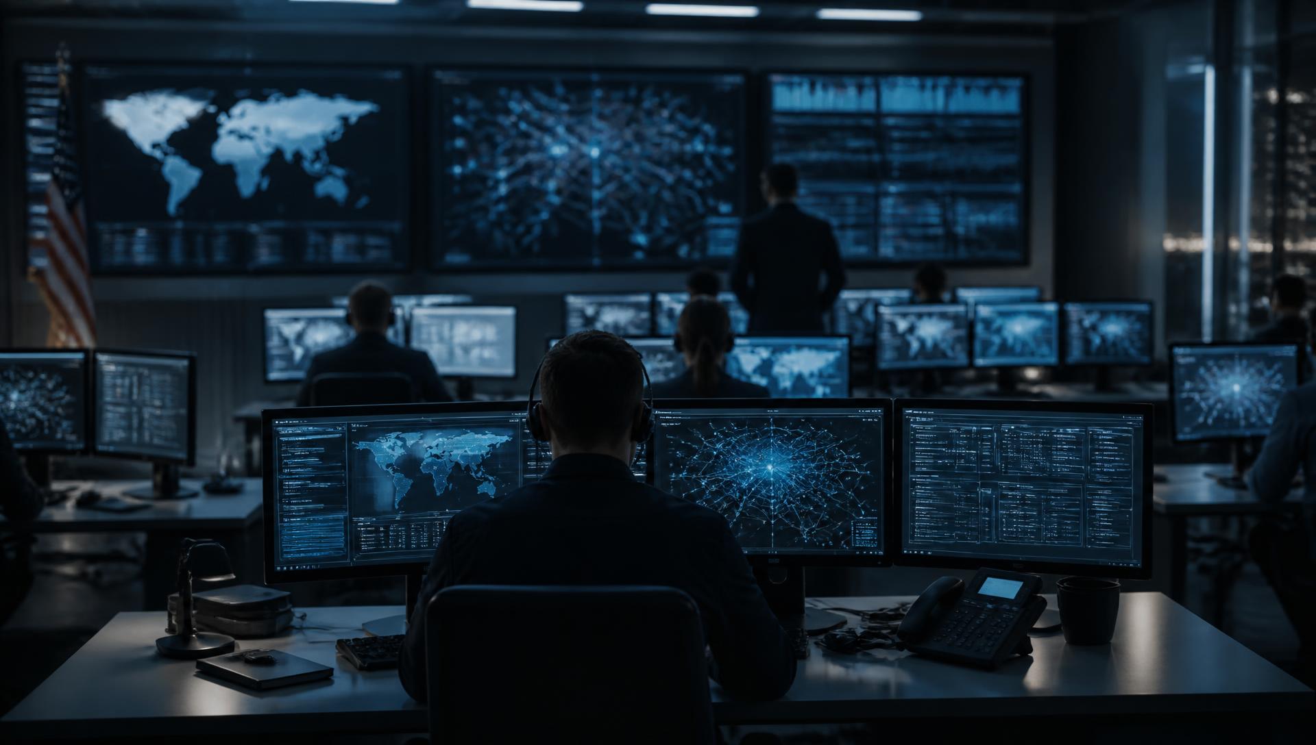 Sicherheitsleitstand eines Verteidigungsunternehmens mit Live-Netzwerktelemetrie und Überwachung der Bundesumgebung