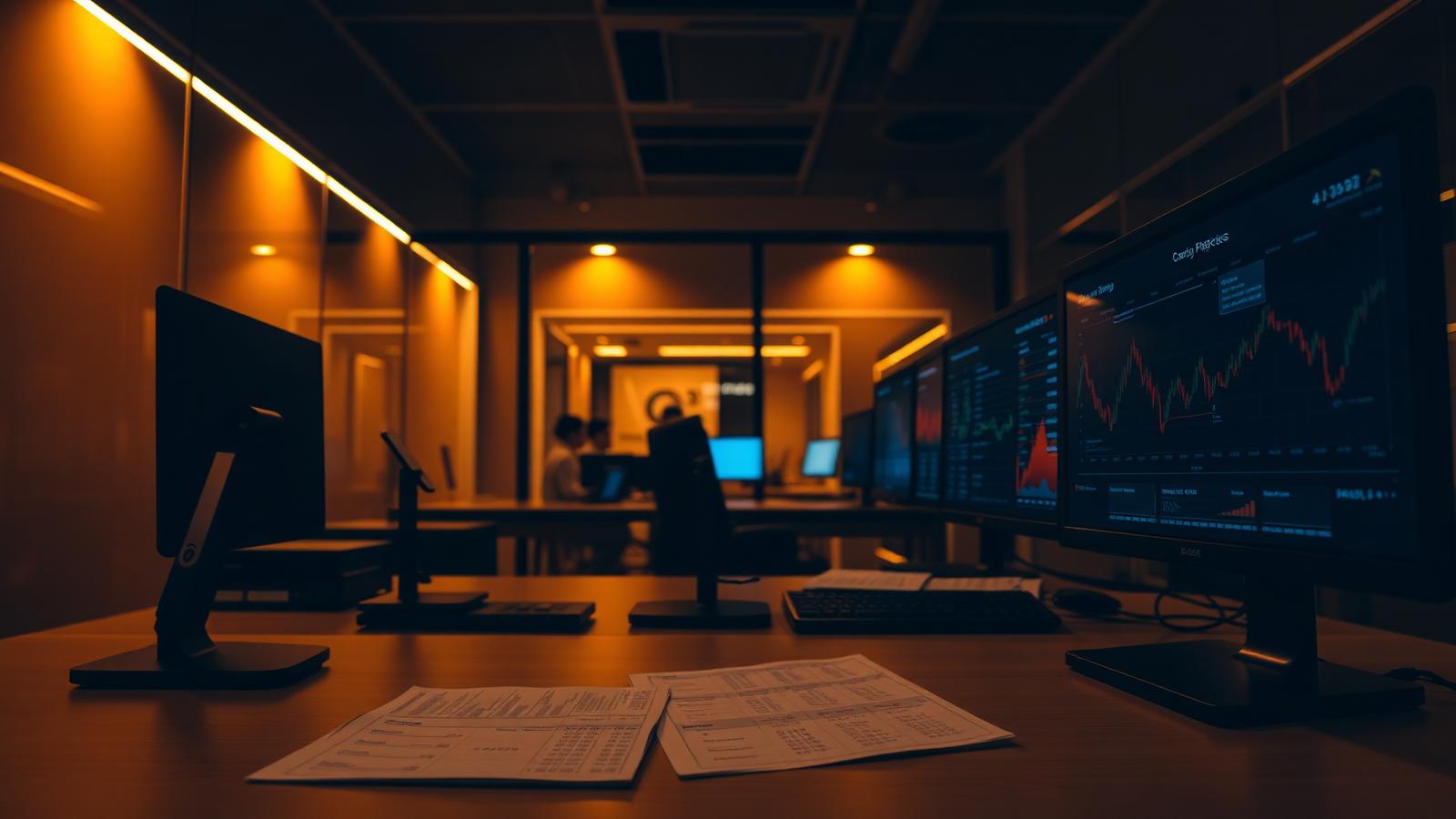 Finance office at night with printed statements and live monitors