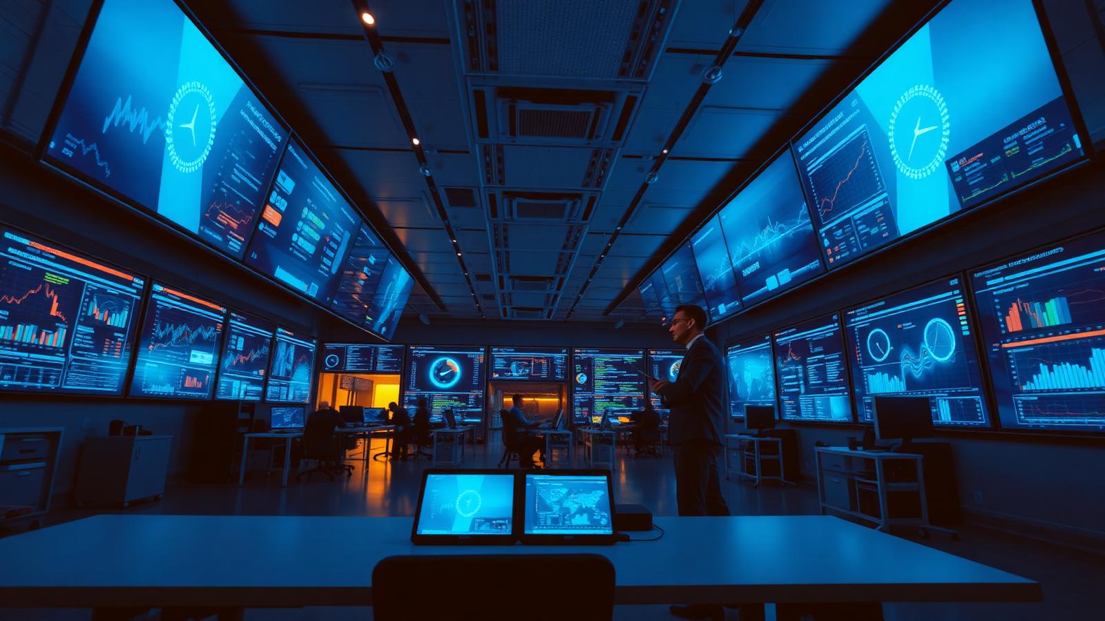 Operations floor with live management dashboards on wall screens