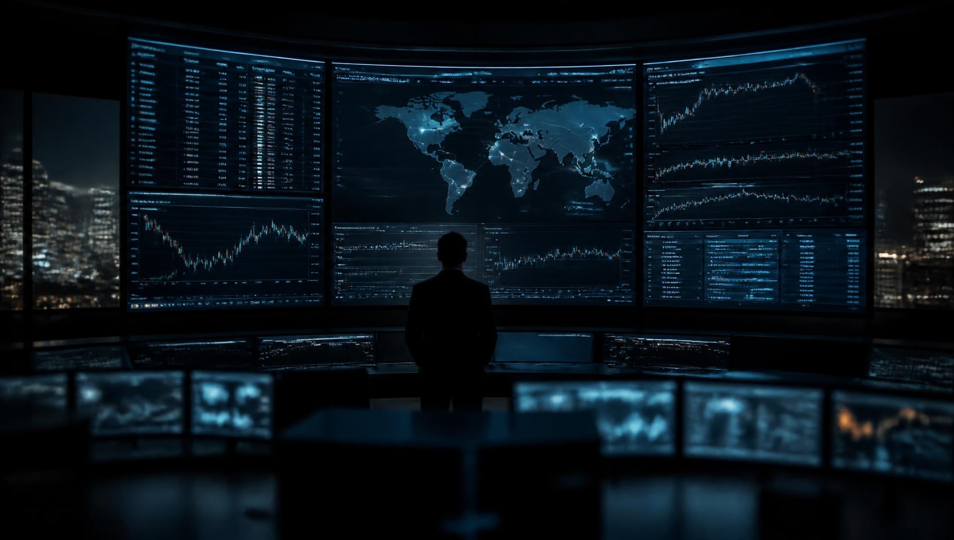 Global finance control room at night showing currency rates and connected subsidiary nodes