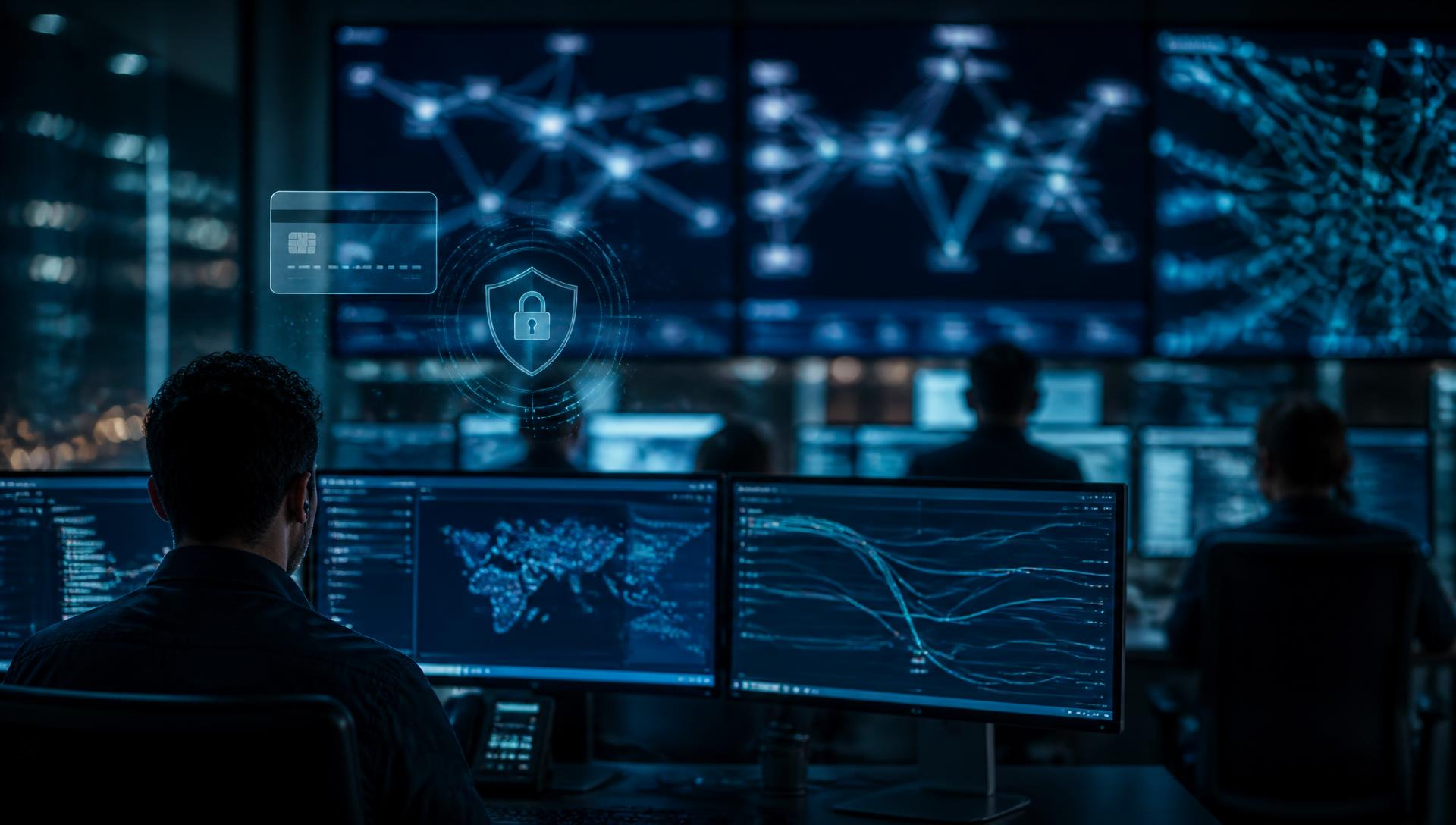 Payment security operations centre with live transaction and card network monitoring