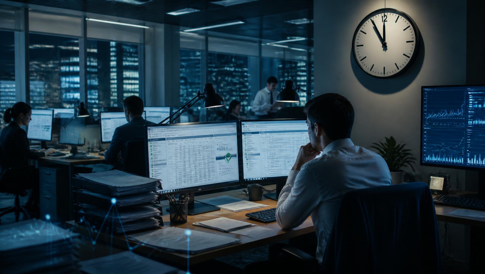 Finance team working late in a corporate office as a wall clock approaches midnight