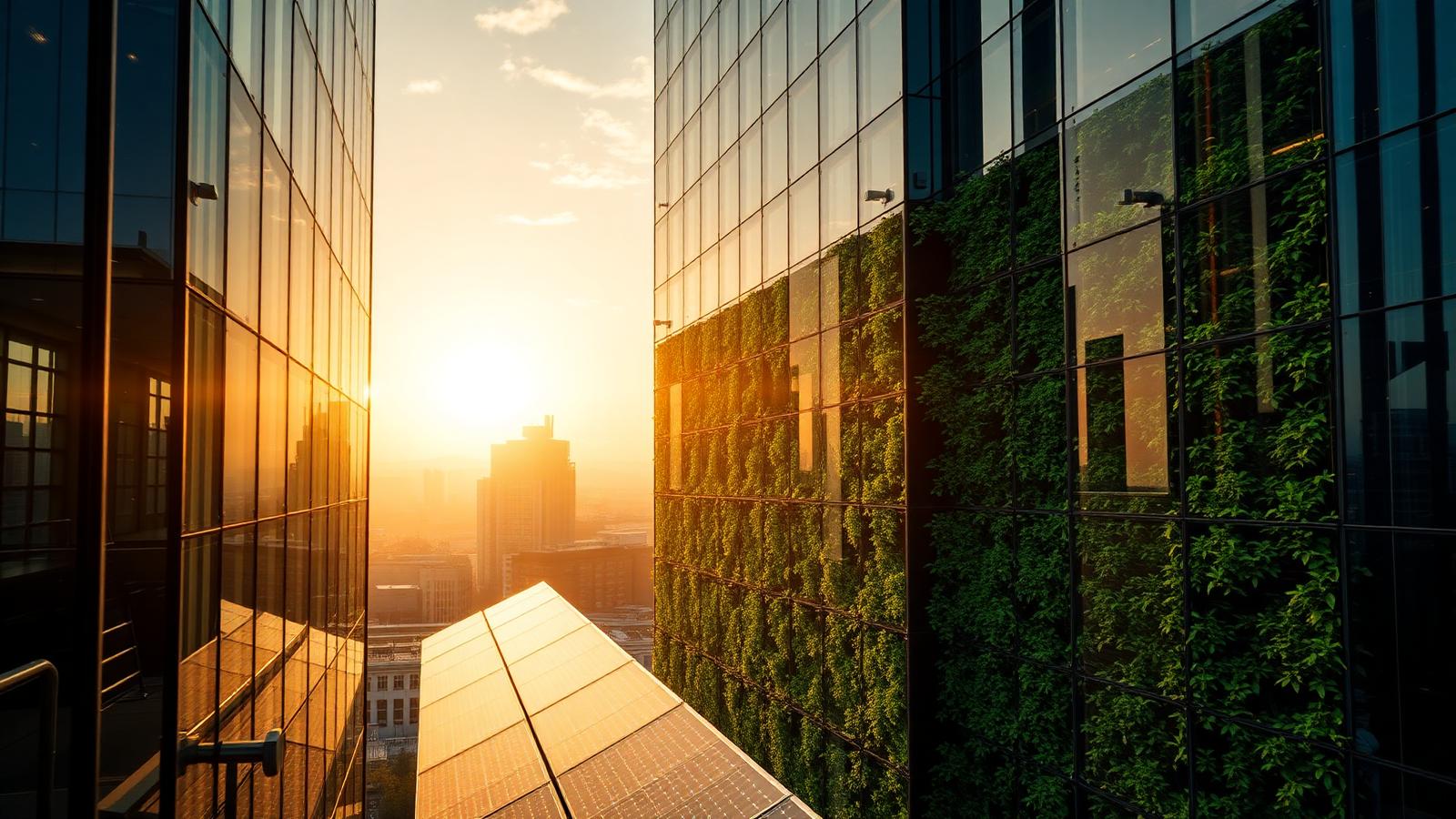 Glass corporate tower with a living green wall at golden hour