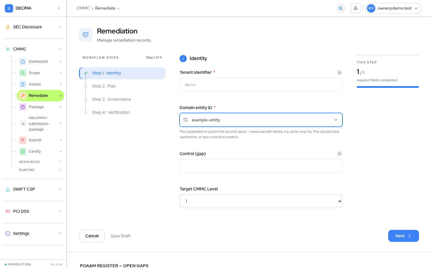 Step 1 — Identity, as shown in DECIMA