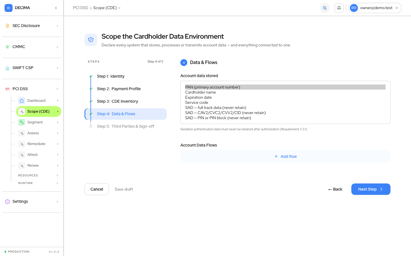 Step 4 — Data & Flows, as shown in DECIMA