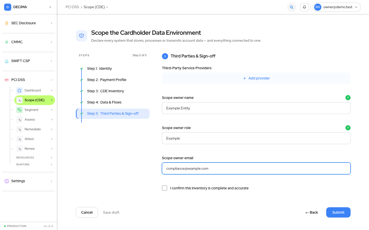 Step 5 — Third Parties & Sign-off, as shown in DECIMA